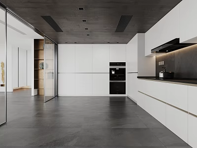 Modern Open Concept Kitchen Interior With White Cabinets Black Appliances And Gray Flooring 3d model