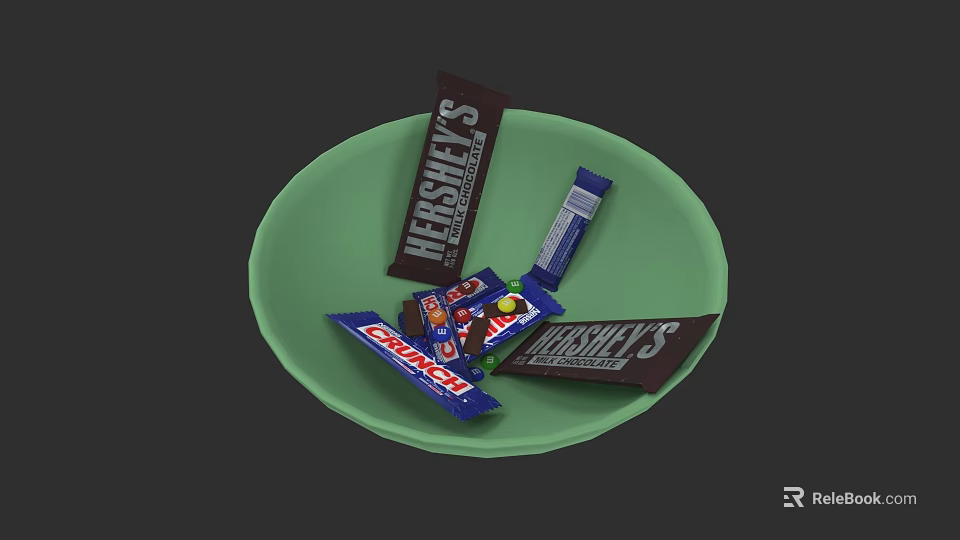 Everyday Green Bowl Filled With Hershey's And Snickers Chocolate Bars 3d model 