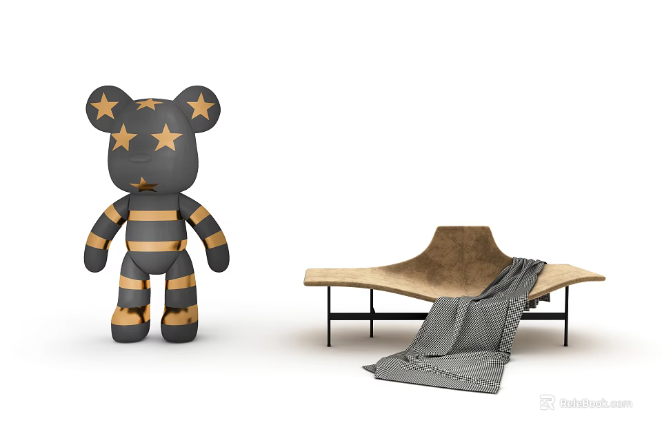 Brown Lounge Chair With Black Metal Frame And Gray Blanket Next To Stuffed Bear 3d model 