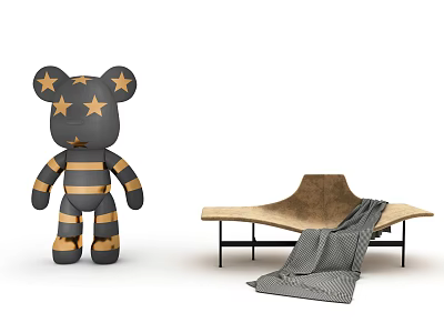 Brown Lounge Chair With Black Metal Frame And Gray Blanket Next To Stuffed Bear 3d model