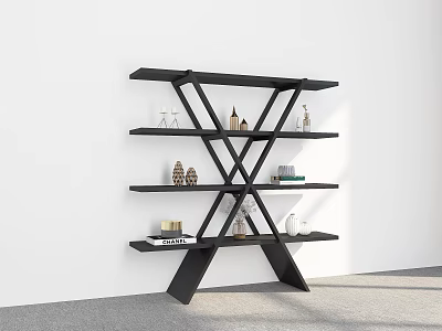 Black Multi Layered Shelving Unit With Decorative Items On White Wall And Grey Floor 3d model
