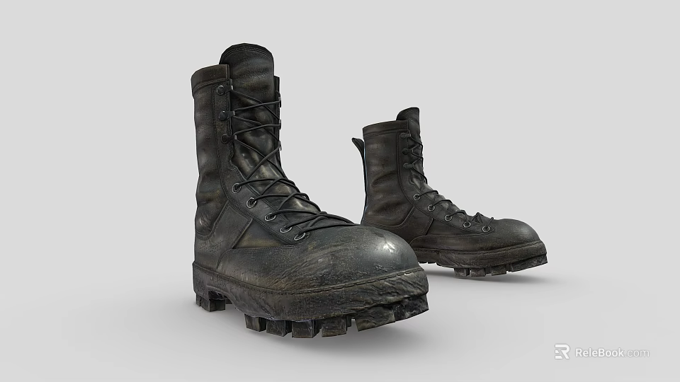 Black Military Style Work Boots Featuring Laces Thick Soles and Worn Texture 3d model 