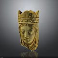 Handcrafted Wooden Female Head Sculpture With Ornate Crown And Detailed Features