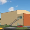 Beige And Black Office Building With Staircase People Around Cars On Street Blue Sky Background