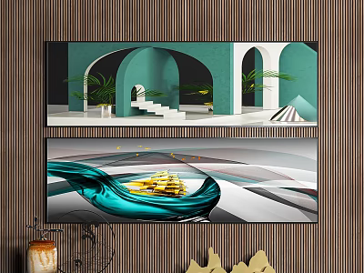 Modern Decorative Wall Art With Green Arches Steps Plants Blue Flowing Shapes And Golden Elements 3d model