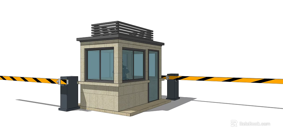 Security Guard House With Stone Exterior Glass Windows And Barrier Gates 3d model 
