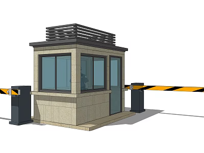Security Guard House With Stone Exterior Glass Windows And Barrier Gates 3d model