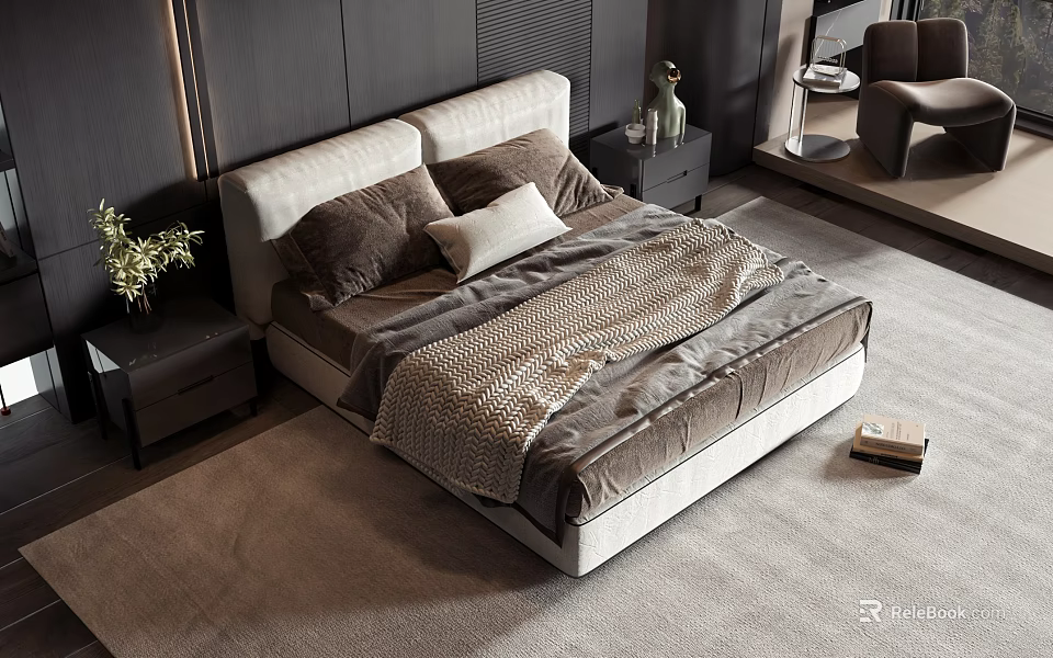 Modern Double Bed With Upholstered Headboard Plush Pillows Green Plant And Light Carpet 3d model 