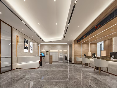 Modern Service Hall Interior With Reception Desk Service Counters And Marble Floor 3d model