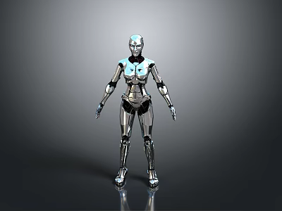 Humanoid Robot Character With Silver Metallic Body And Blue Glowing Accents 3d model