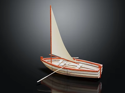 Wooden Boat Model With White Sail Red Hull and Oar on Dark Reflective Surface 3d model