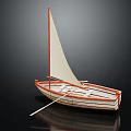 Wooden Boat Model With White Sail Red Hull and Oar on Dark Reflective Surface