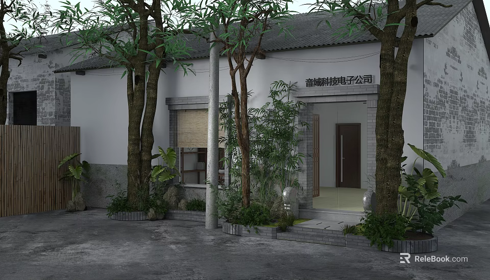 Traditional Garden Landscape With Trees Bamboo Green Plants And White Wall Building 3d model 