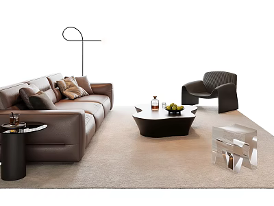 Modern Sofa Coffee Table Set Brown Leather With Cushions Black White Table Armchair Beige Rug 3d model