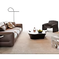 Modern Sofa Coffee Table Set Brown Leather With Cushions Black White Table Armchair Beige Rug