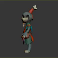 Blue Skinned Fantasy Creature with Big Ears Red Hat and Red Gold Outfit Standing