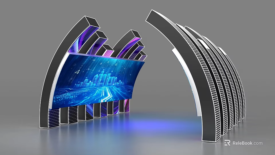 Arched Architectural Structures With Large Screen Displaying City Night View And Purple Blue Lighting 3d model 