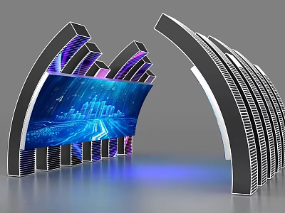 Arched Architectural Structures With Large Screen Displaying City Night View And Purple Blue Lighting 3d model