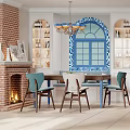Mediterranean Living Dining Room Arched Blue Windows Striped Sofa And Chandelier Decor