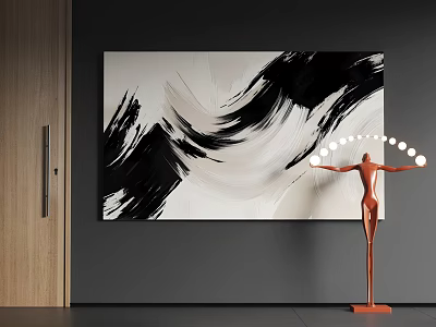 Black White Wavy Abstract Painting On Gray Wall With Orange Sculpture Circular Lights Wooden Door 3d model