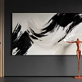 Black White Wavy Abstract Painting On Gray Wall With Orange Sculpture Circular Lights Wooden Door
