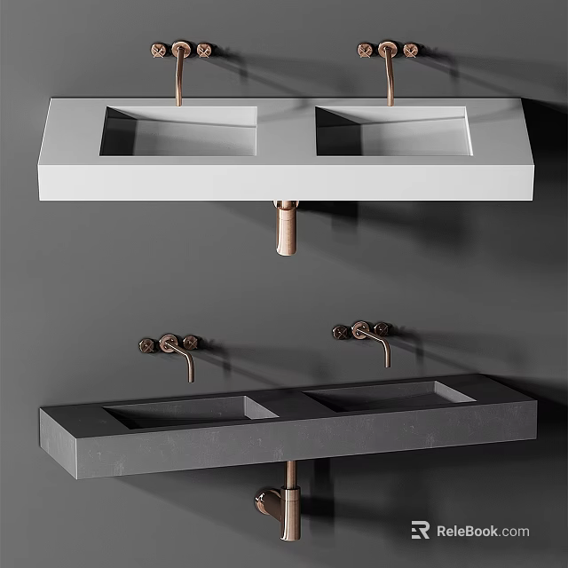 Modern Minimalist White And Gray Double Basin Stone Washbasin With Copper Faucets 3d model 