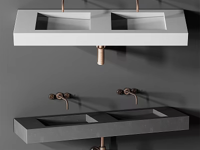 Modern Minimalist White And Gray Double Basin Stone Washbasin With Copper Faucets 3d model