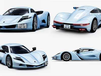 Light Blue Sleek Sports Car Model Displayed In Multiple Angles And Modern Design 3d model