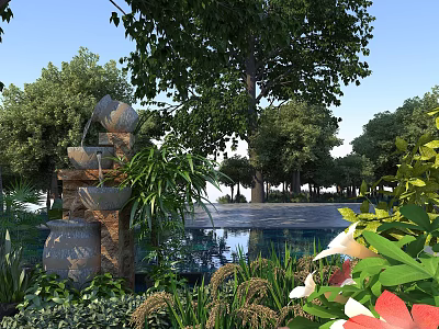 Tranquil Natural Landscape With Stone Fountain Green Plants Reflective Pool Lush Trees And Blue Sky 3d model
