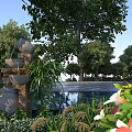 Tranquil Natural Landscape With Stone Fountain Green Plants Reflective Pool Lush Trees And Blue Sky