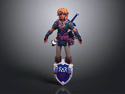 Man With Orange Hair In Warrior Armor Holding Sword And Blue Shield With White Emblem 3d model