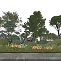 Tall Trees In Garden Landscape With Shrubs Rocks And Green Grass