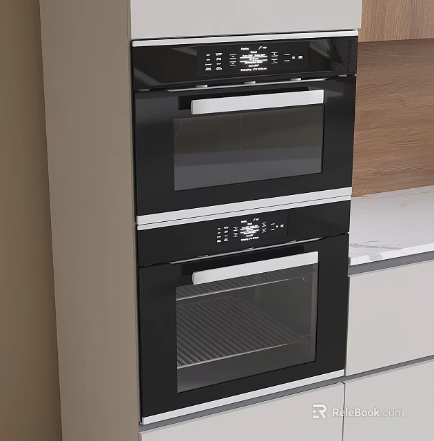 Double Built in Black Ovens Modern Kitchen Appliances With Stainless Steel Handles And Cabinet Integration 3d model 
