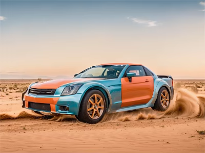 Orange And Blue Sports Car Speeding Through Desert Kicking Up Sand Under Sky 3d model