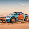 Orange And Blue Sports Car Speeding Through Desert Kicking Up Sand Under Sky