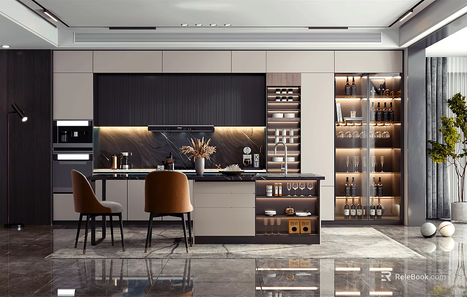 Modern Restaurant Open Kitchen Interior With Island Counter And Appliances 3d model 