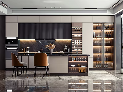 Modern Restaurant Open Kitchen Interior With Island Counter And Appliances 3d model