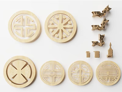 Wooden Round Carved Windows with Intricate Patterns and Small Decorative Figurines 3d model