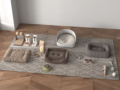 Pet Supplies Collection Including Beds Bowls Toys and Accessories on Patterned Rug 3d model