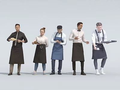 Group of Restaurant Staff Wearing Different Colored Aprons Holding Trays And Service Items 3d model