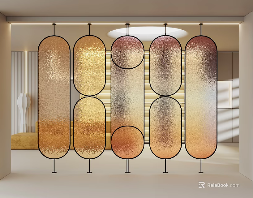 Modern Oval Glass Room Divider With Frosted Panels And Gradient Gold Orange Metal Frame 3d model 