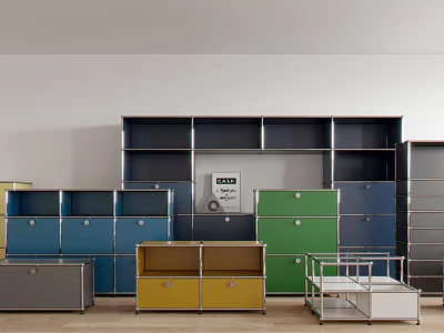 Multicolor Bookcases with Various Designs and Drawers in Interior with Light Floor White Wall 3d model