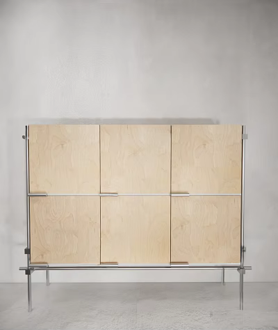 Simple Modern Display Shelf With Light Wooden Panels And Metal Frame Structure 3d model