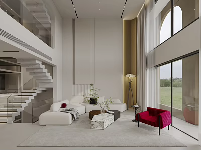 Modern Spacious Bright Living Dining Room With White Sofa Red Chair Floor to Ceiling Windows 3d model