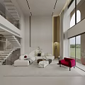 Modern Spacious Bright Living Dining Room With White Sofa Red Chair Floor to Ceiling Windows