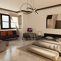 Modern Living And Dining Room Interior With Curved Sofa Round Rug And Bookshelves
