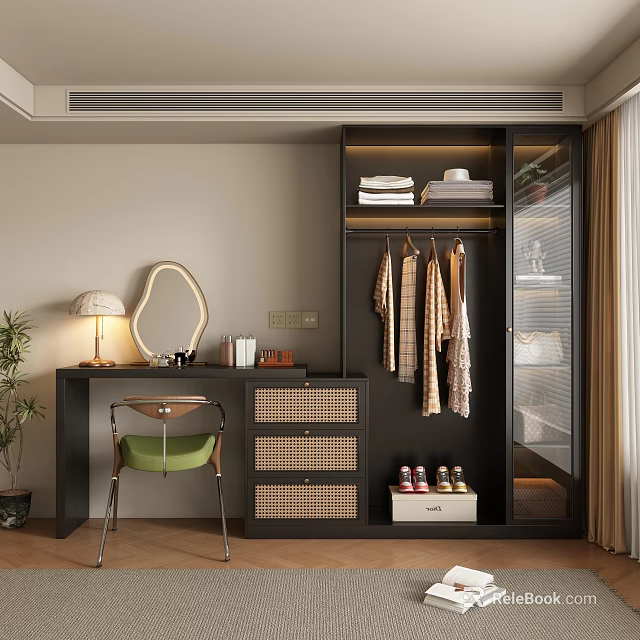 Modern Black Wardrobe With Hanging Clothes Shoes Storage Drawers And Vanity Table 3d model 