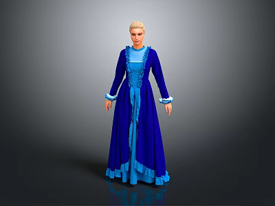 Elegant Blue Long Dress With Long Sleeves And Frilled Hem Details 3d model