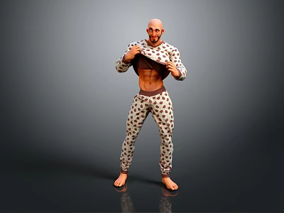 Bald Headed Man Lifting Shirt To Reveal Abs In Leopard Print Clothing 3d model