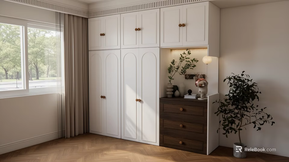 Modern White Wardrobe With Golden Handles And Brown Drawer Cabinet Decorated With Plants 3d model 